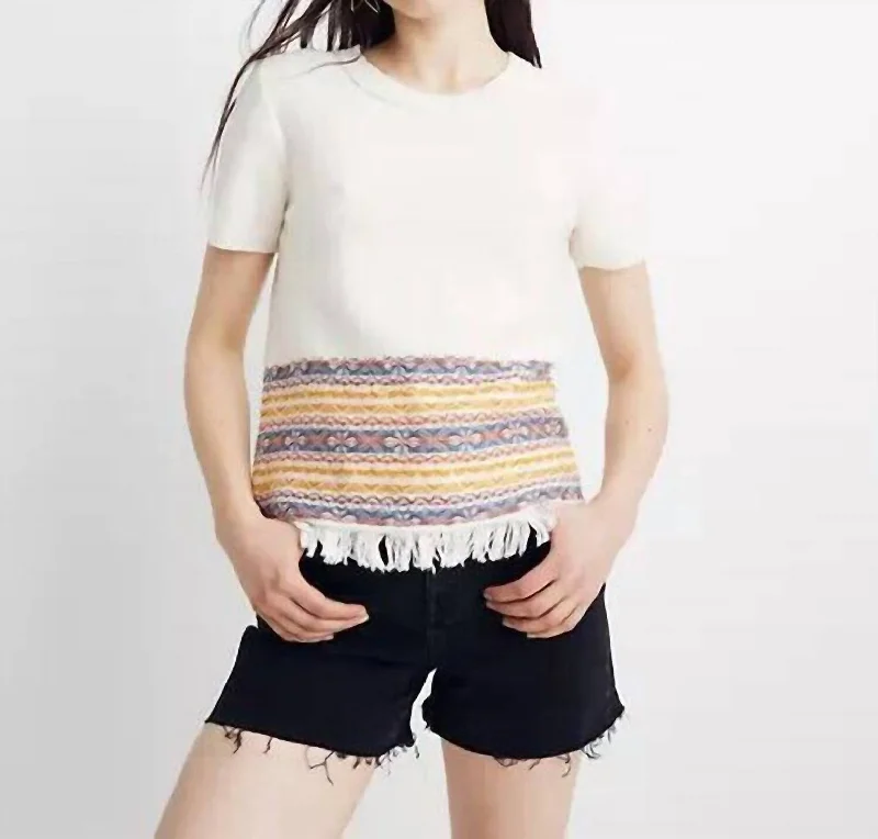 Sports Tights Fringed Short Sleeve Sweater In Beige