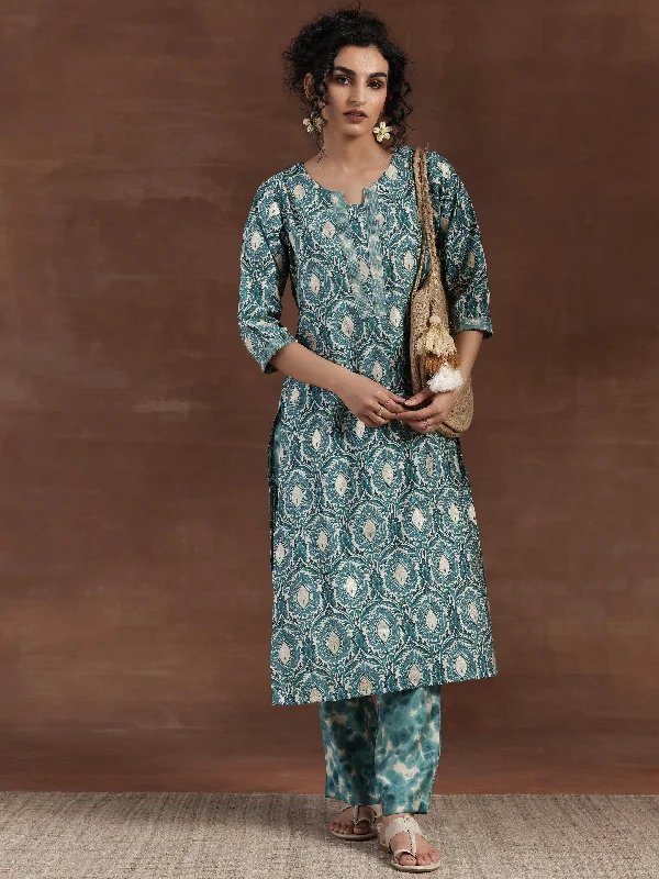 Sweet Flower Style Blue Printed Silk Blend Straight Kurta Set