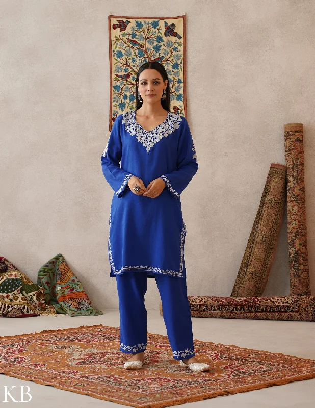 Elegant Style meHER Royal Blue Kashmiri Aari Woollen Co-ord Set