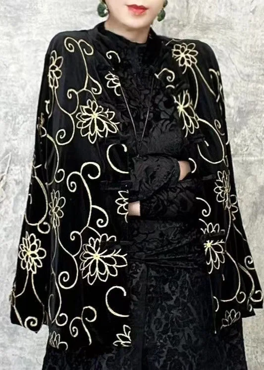 High-quality fabrics Chinese Style Black O Neck Floral Velour Short Coat Spring