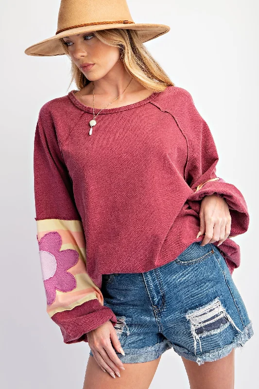 Energetic Burgundy Raw Edge Flower Patch Top