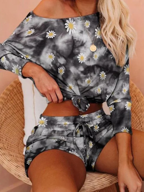 Retro Lace Fabric Little Daisy Printed Long Sleeve Two Piece Set