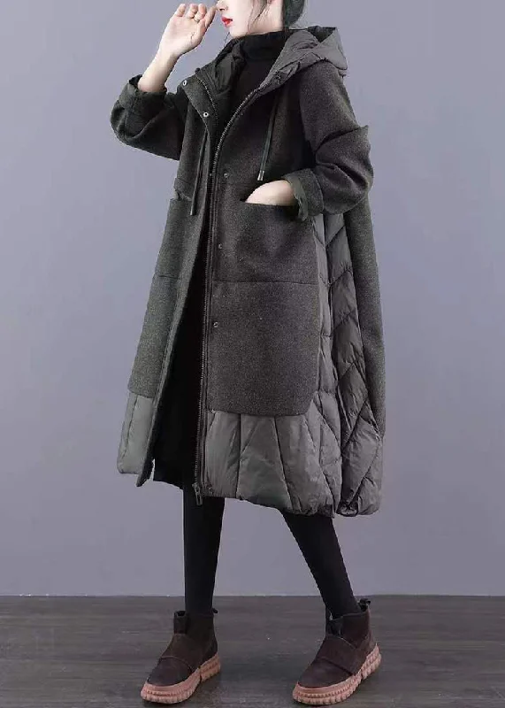 Slim Fit Green Pockets Patchwork Thick Woolen Long Coat Zip Up Long Sleeve