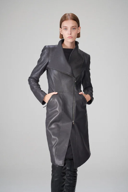 Mid-length Style Alyson - Anthracite Leather Coat