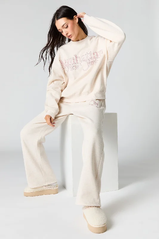 Mid-length Style Embroidered Destination Wide Leg Sweatpant