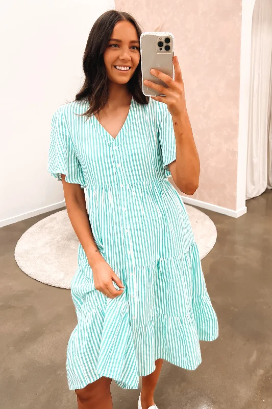 Affordable selection Chez Midi Dress Green White Stripe