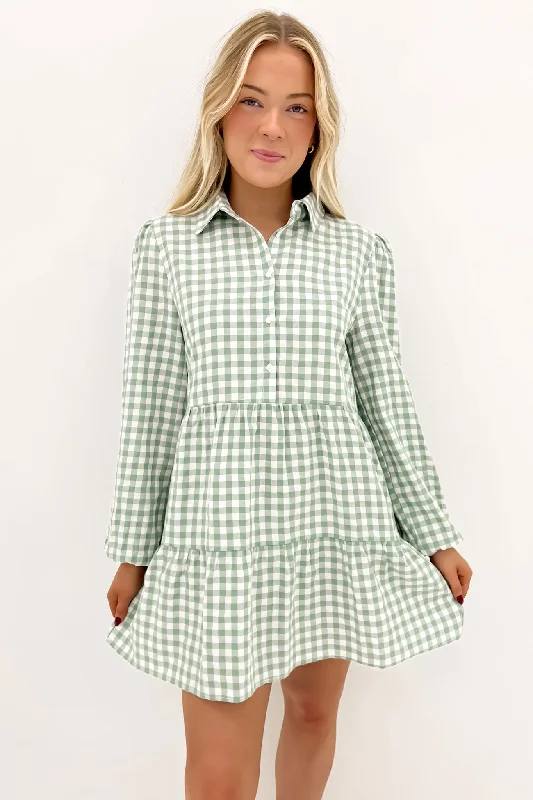 Leisure Travel Frankie Check Long Sleeve Mini Dress Sage