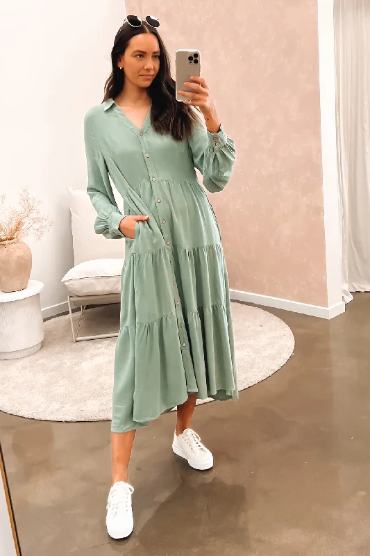 Independent design Little Paradise Long Sleeve Midi Dress Sage