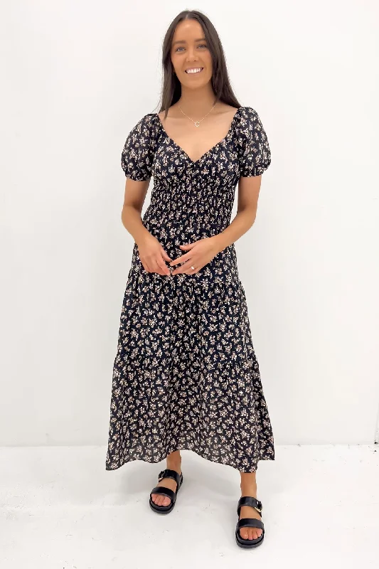 Retro Literary Style Maya Floral Maxi Dress Black