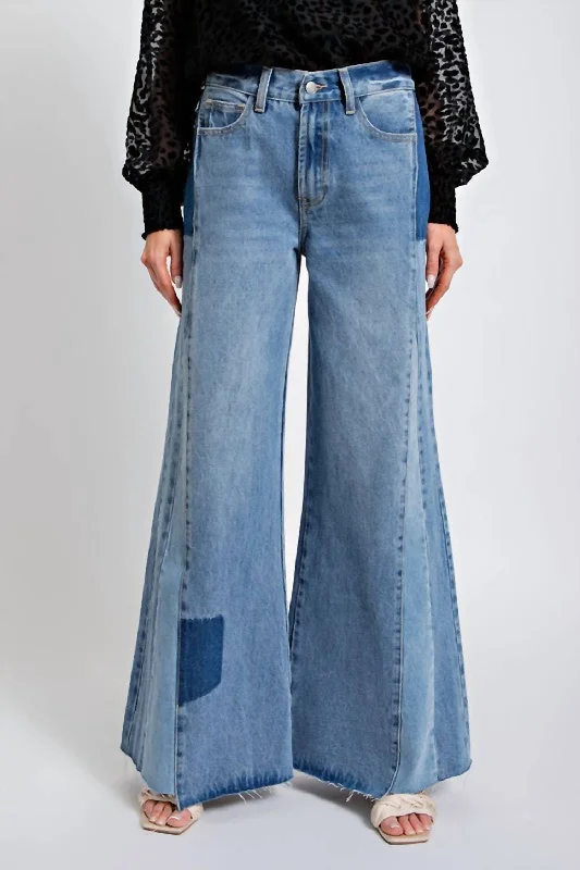 Sweet Lace Design Pieces Of Grace Bell Bottom Pants In Washed Denim