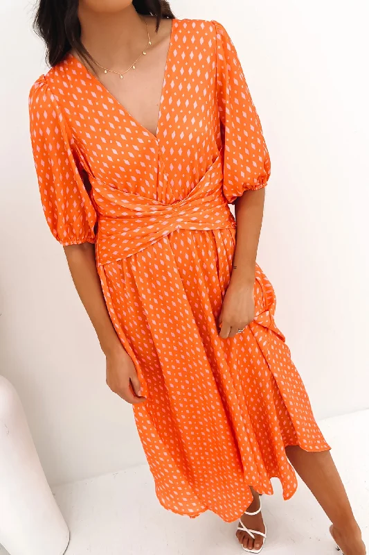 Sweet Stand-Up Collar Style Tayla Midi Dress Orange Pink