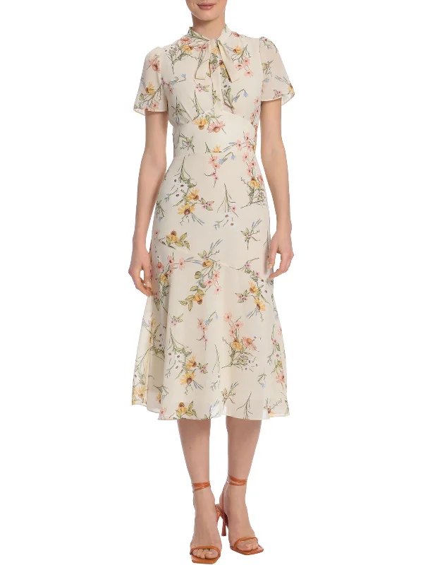 Creative Style Womens Floral Tie Neck Midi Dress