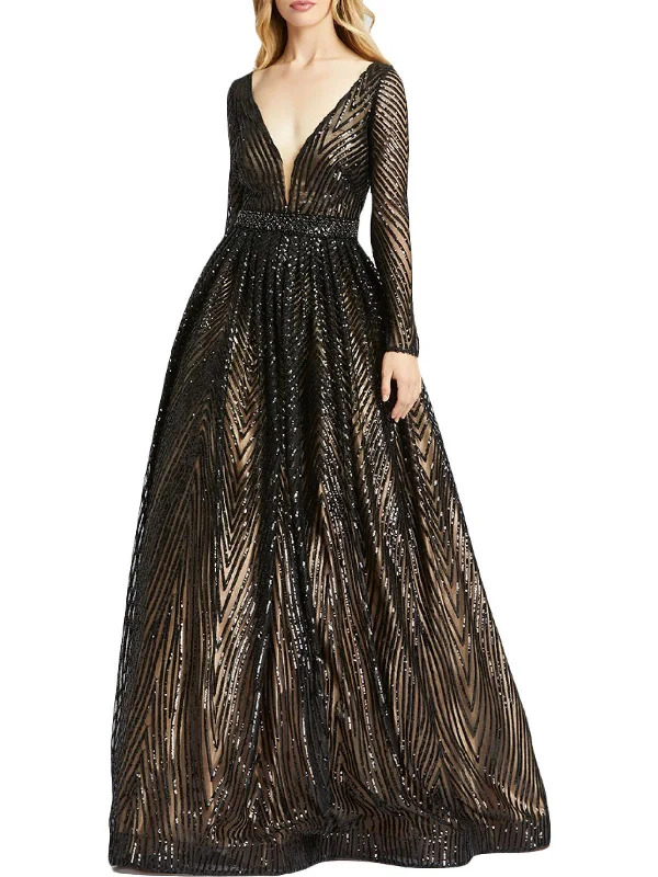 Knitted Design Womens Sequined Mesh Inset Evening Dress